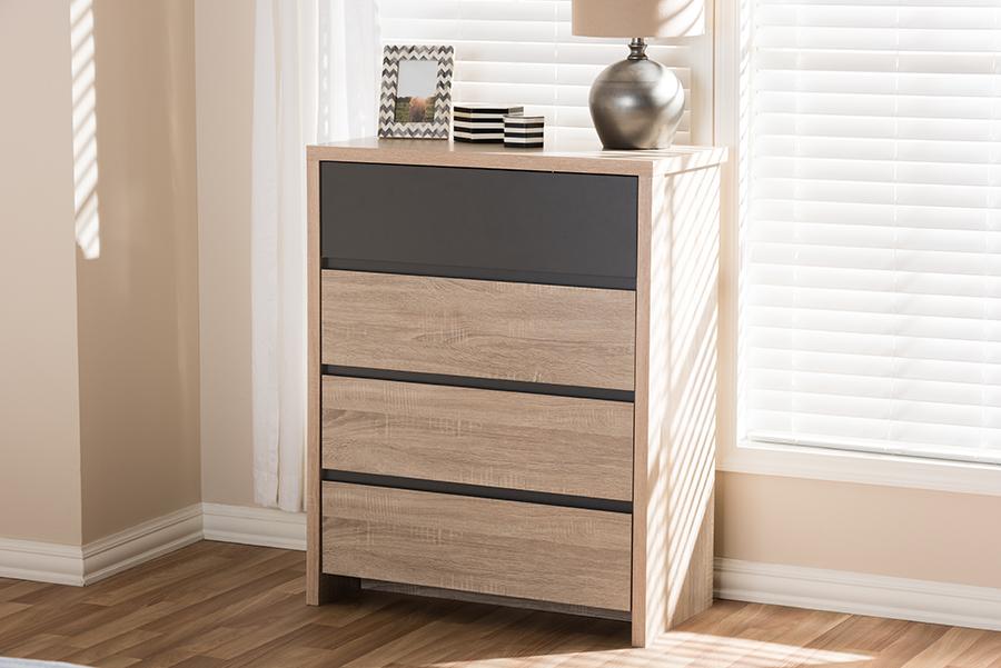 Baxton Studio Jamie Modern and Contemporary Two-Tone Oak and Grey Wood 4-Drawer Chest