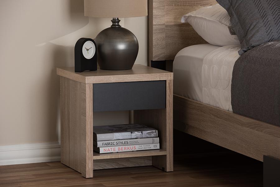 Baxton Studio Jamie Modern and Contemporary Two-Tone Oak and Grey Wood 1-Drawer 1-Shelf Nightstand