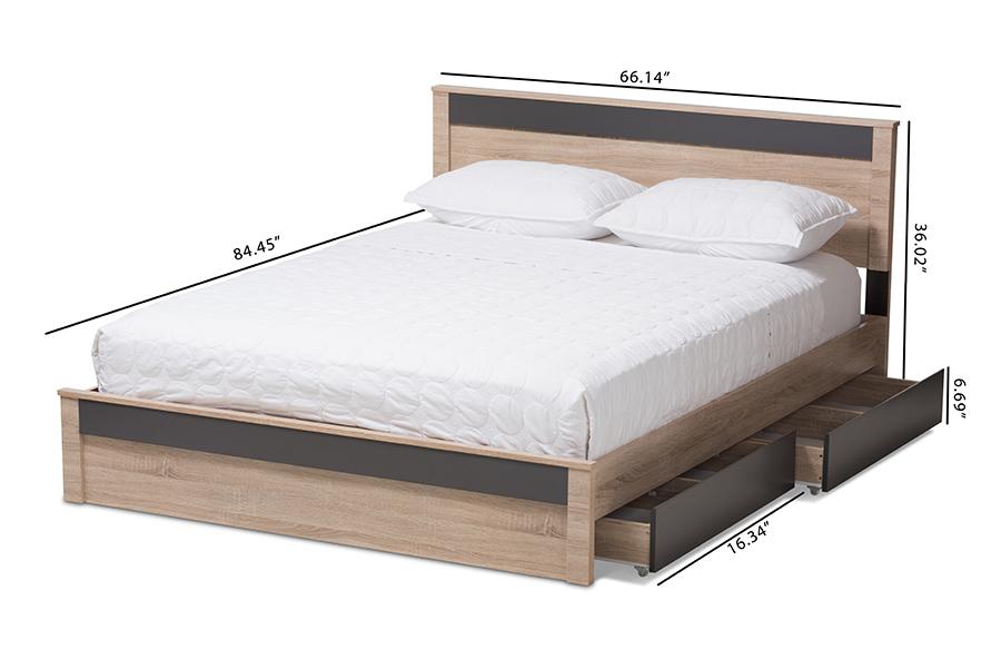 Baxton Studio Jamie Modern and Contemporary Two-Tone Oak and Grey Wood Queen 2-Drawer Queen Size Storage Platform Bed