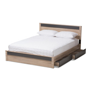 Baxton Studio Jamie Modern and Contemporary Two-Tone Oak and Grey Wood Queen 2-Drawer Queen Size Storage Platform Bed