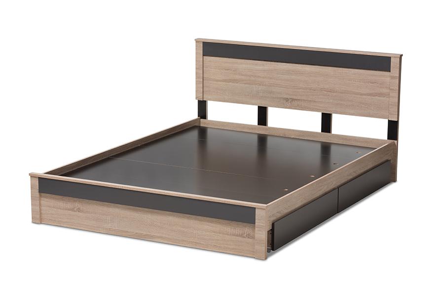 Baxton Studio Jamie Modern and Contemporary Two-Tone Oak and Grey Wood Queen 2-Drawer Queen Size Storage Platform Bed