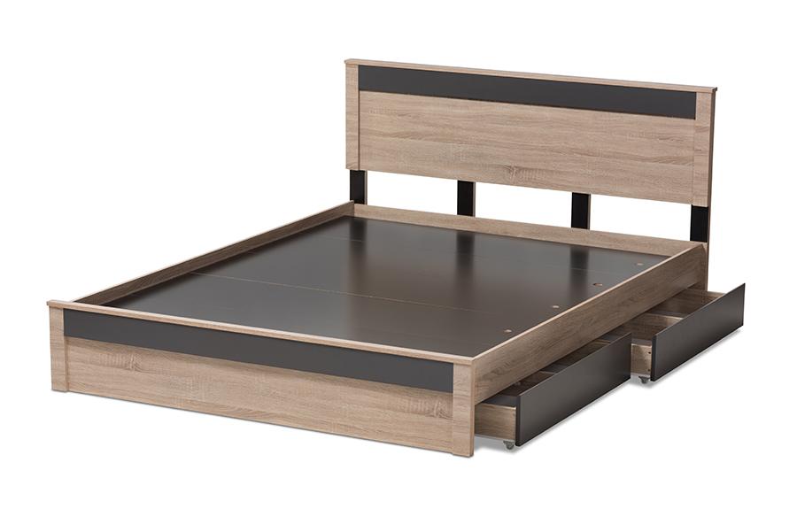 Baxton Studio Jamie Modern and Contemporary Two-Tone Oak and Grey Wood Queen 2-Drawer Queen Size Storage Platform Bed