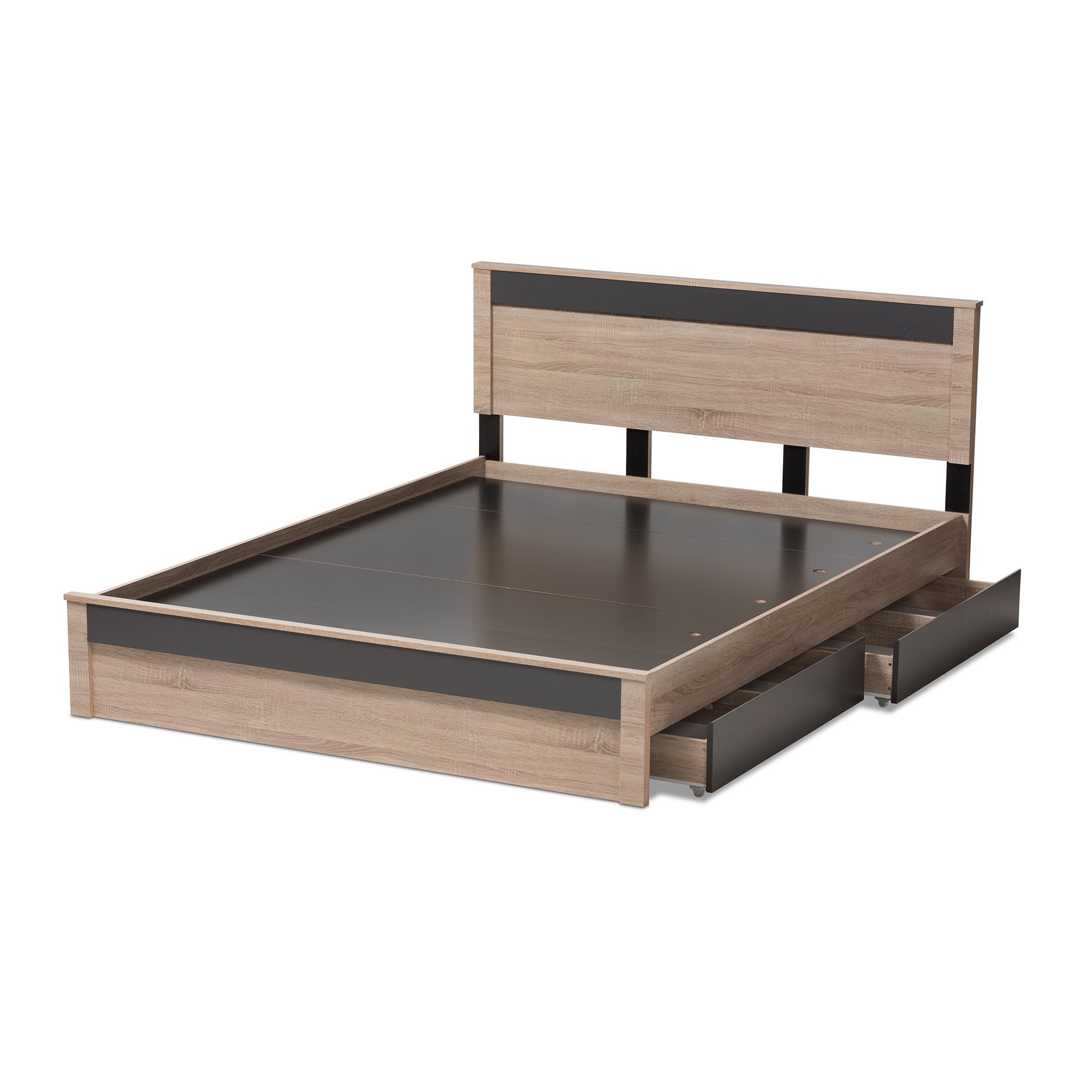 Baxton Studio Jamie Modern and Contemporary Two-Tone Oak and Grey Wood Queen 2-Drawer Queen Size Storage Platform Bed