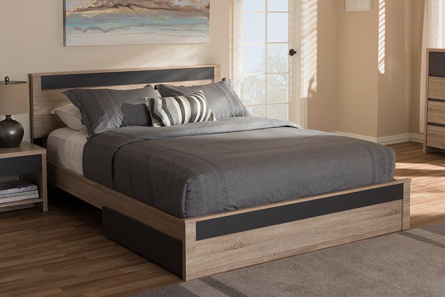 Baxton Studio Jamie Modern and Contemporary Two-Tone Oak and Grey Wood Queen 2-Drawer Queen Size Storage Platform Bed