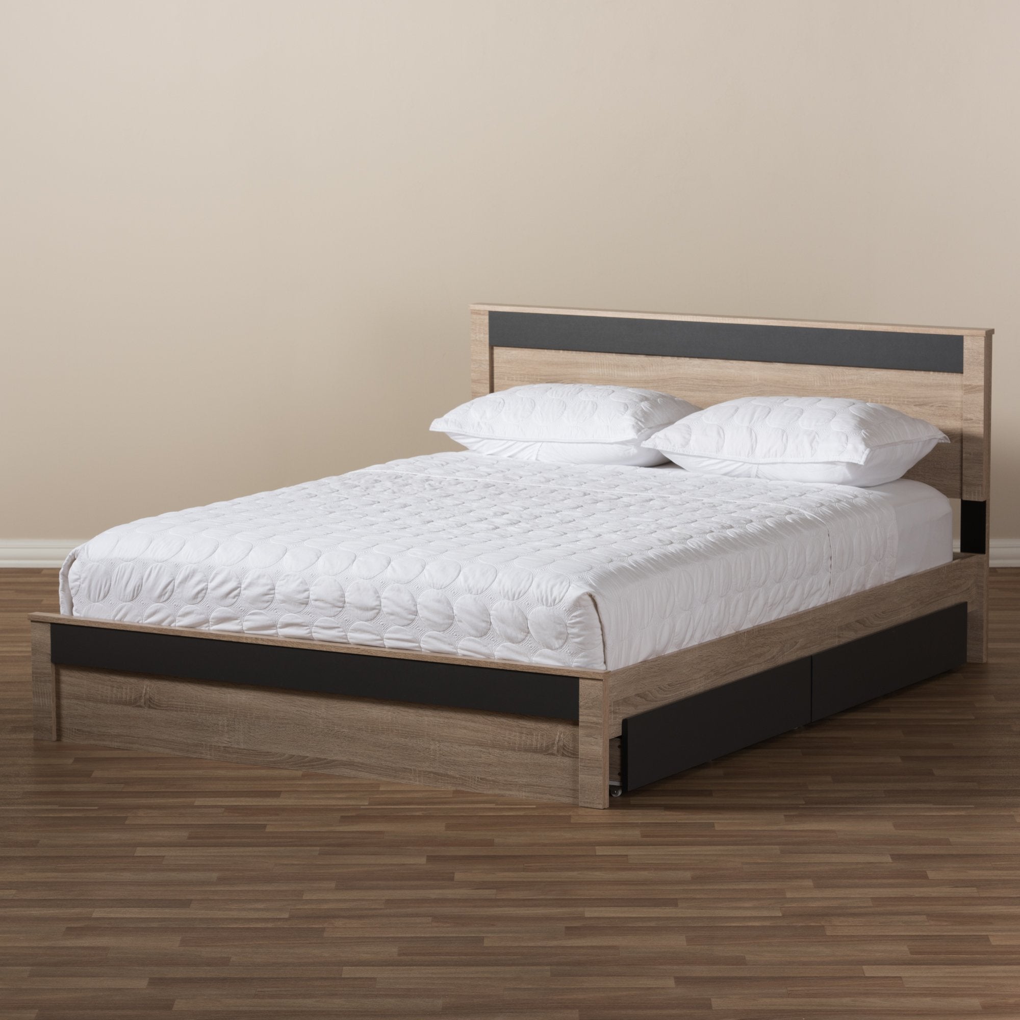 Baxton Studio Jamie Modern and Contemporary Two-Tone Oak and Grey Wood Queen 2-Drawer Queen Size Storage Platform Bed