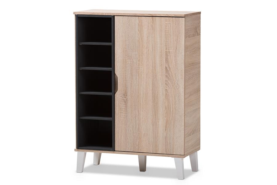 Baxton Studio Adelina Mid-Century Modern 1-door Oak and Grey Wood Shoe Cabinet