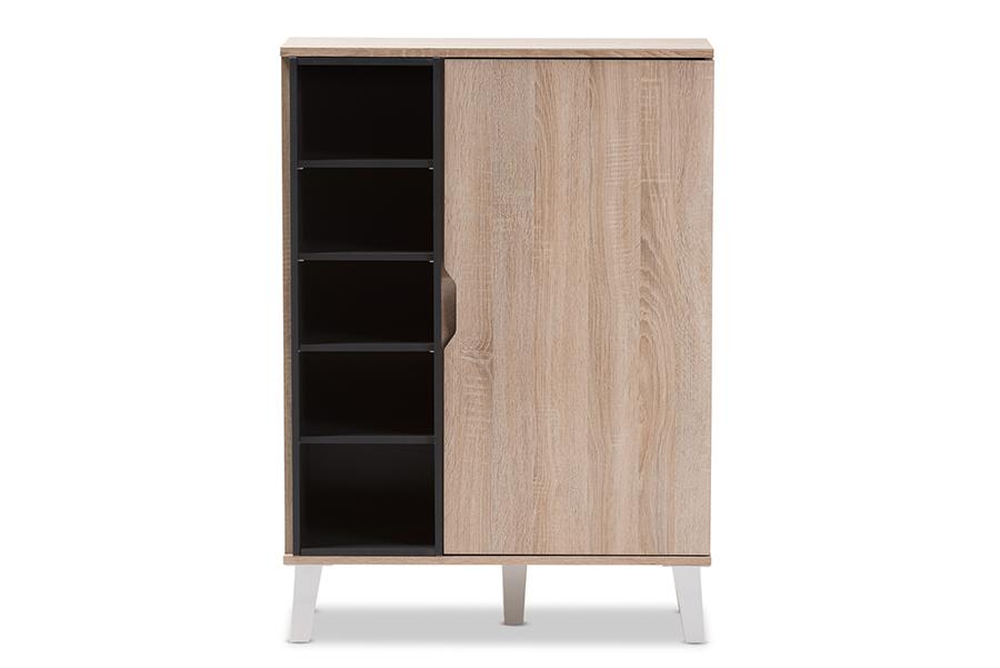 Baxton Studio Adelina Mid-Century Modern 1-door Oak and Grey Wood Shoe Cabinet