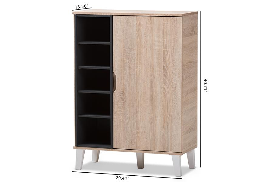 Baxton Studio Adelina Mid-Century Modern 1-door Oak and Grey Wood Shoe Cabinet