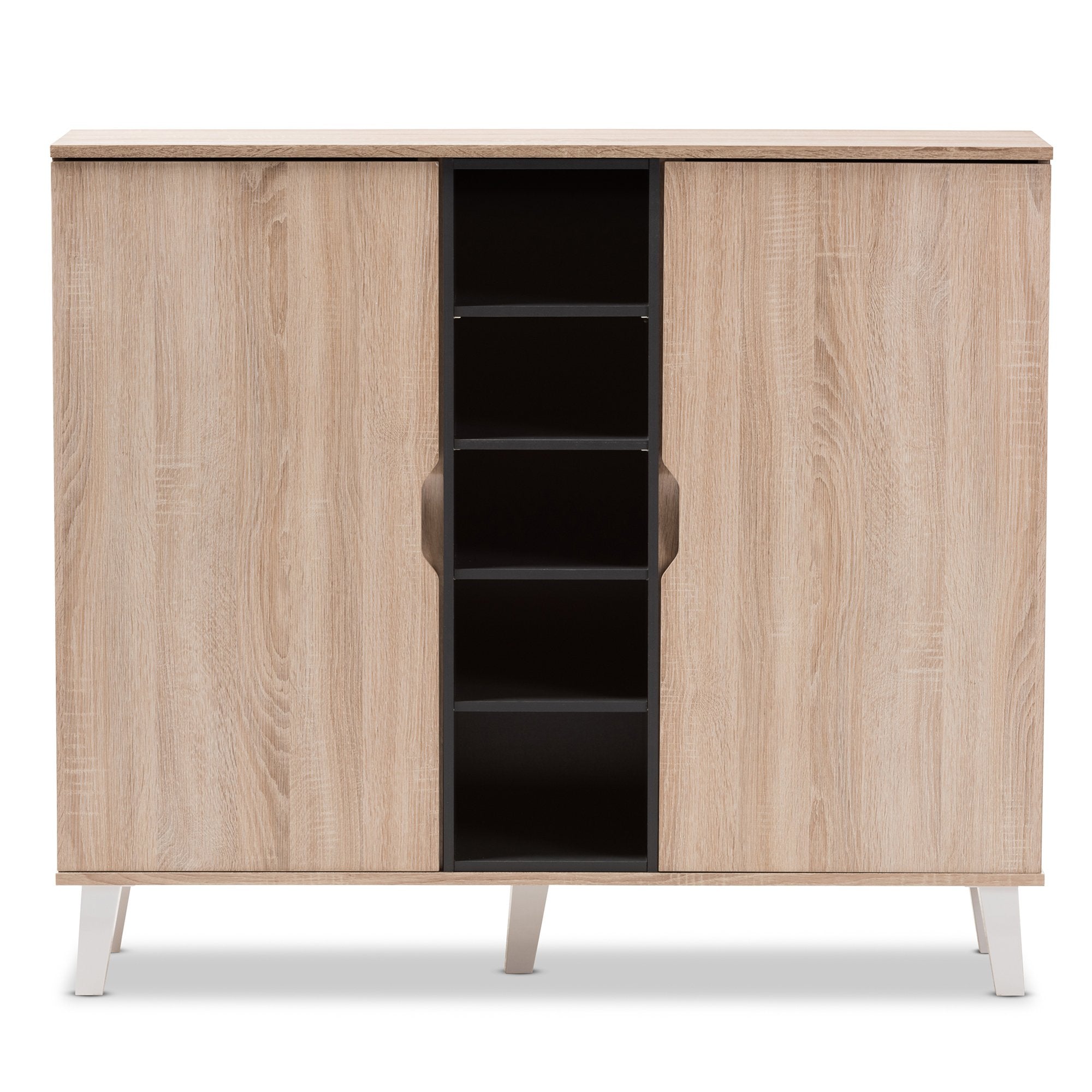 Baxton Studio Adelina Mid-Century Modern 2-door Oak and Grey Wood Shoe Cabinet