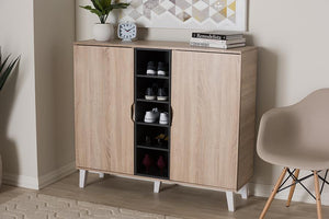 Baxton Studio Adelina Mid-Century Modern 2-door Oak and Grey Wood Shoe Cabinet