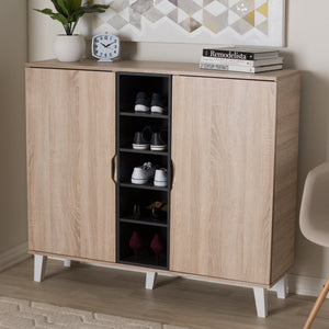 Baxton Studio Adelina Mid-Century Modern 2-door Oak and Grey Wood Shoe Cabinet