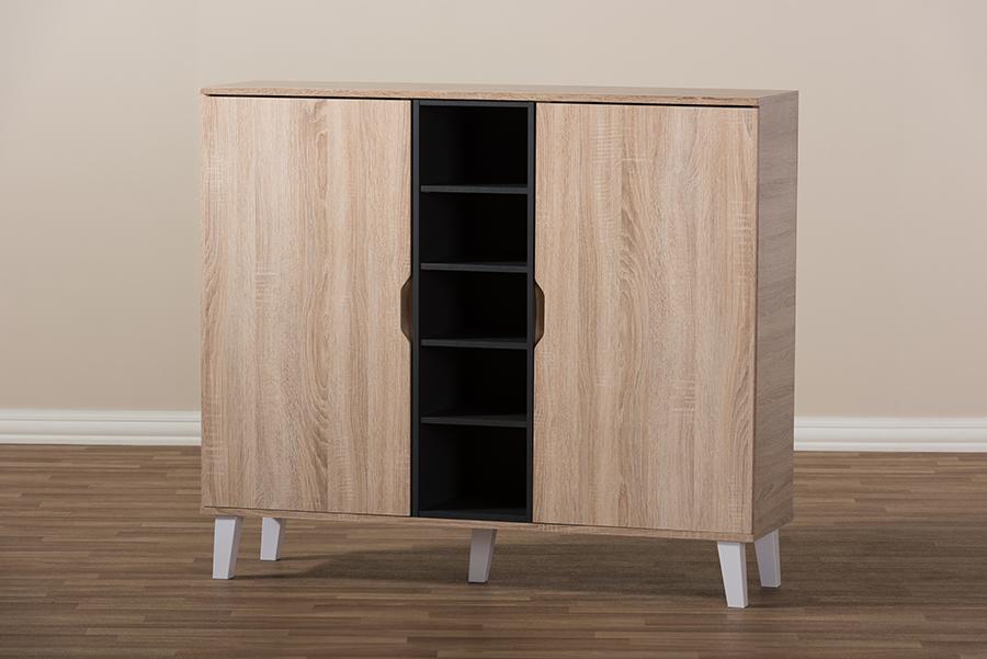 Baxton Studio Adelina Mid-Century Modern 2-door Oak and Grey Wood Shoe Cabinet