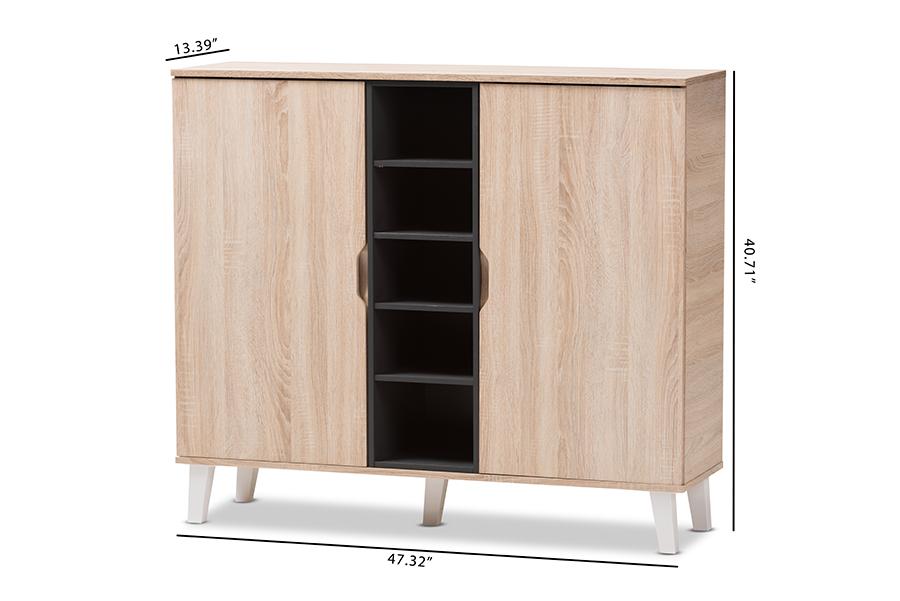 Baxton Studio Adelina Mid-Century Modern 2-door Oak and Grey Wood Shoe Cabinet