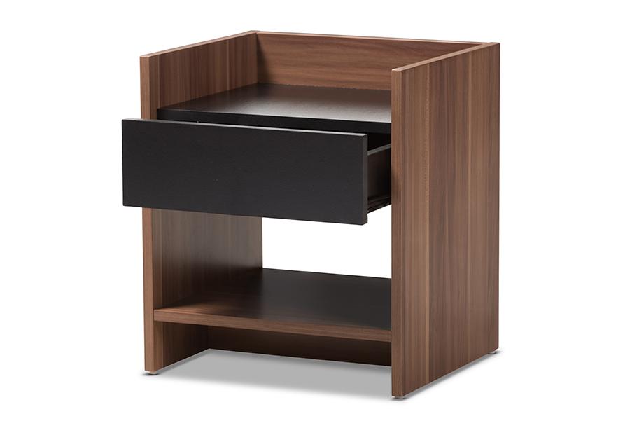 Baxton Studio Vanda Modern and Contemporary Two-Tone Walnut and Black Wood 1-Drawer Nightstand