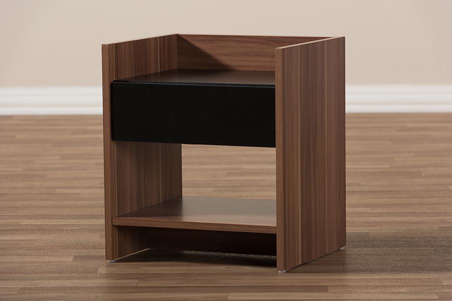 Baxton Studio Vanda Modern and Contemporary Two-Tone Walnut and Black Wood 1-Drawer Nightstand