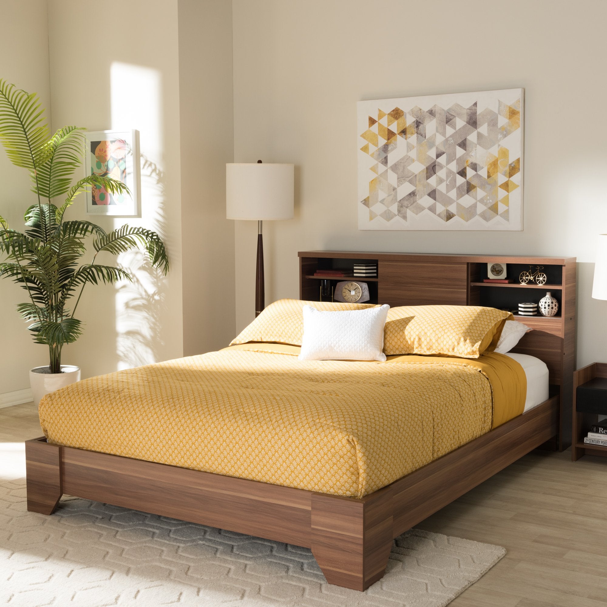 Baxton Studio Vanda Modern and Contemporary Two-Tone Walnut and Black Wood Queen Size Platform Bed