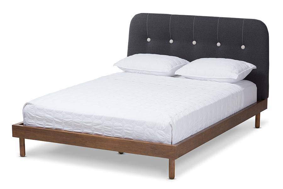 Baxton Studio Sadie Mid-Century Modern Dark Grey Fabric and Walnut Brown Finished Wood Full Size Platform Bed