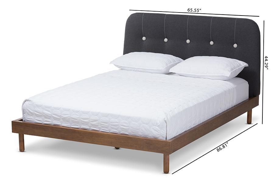 Baxton Studio Sadie Mid-Century Modern Dark Grey Fabric and Walnut Brown Finished Wood Full Size Platform Bed