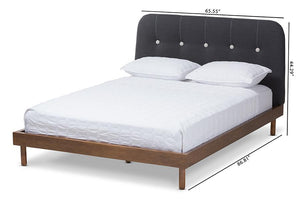 Baxton Studio Sadie Mid-Century Modern Dark Grey Fabric and Walnut Brown Finished Wood Queen Size Platform Bed