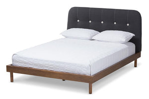 Baxton Studio Sadie Mid-Century Modern Dark Grey Fabric and Walnut Brown Finished Wood King Size Platform Bed