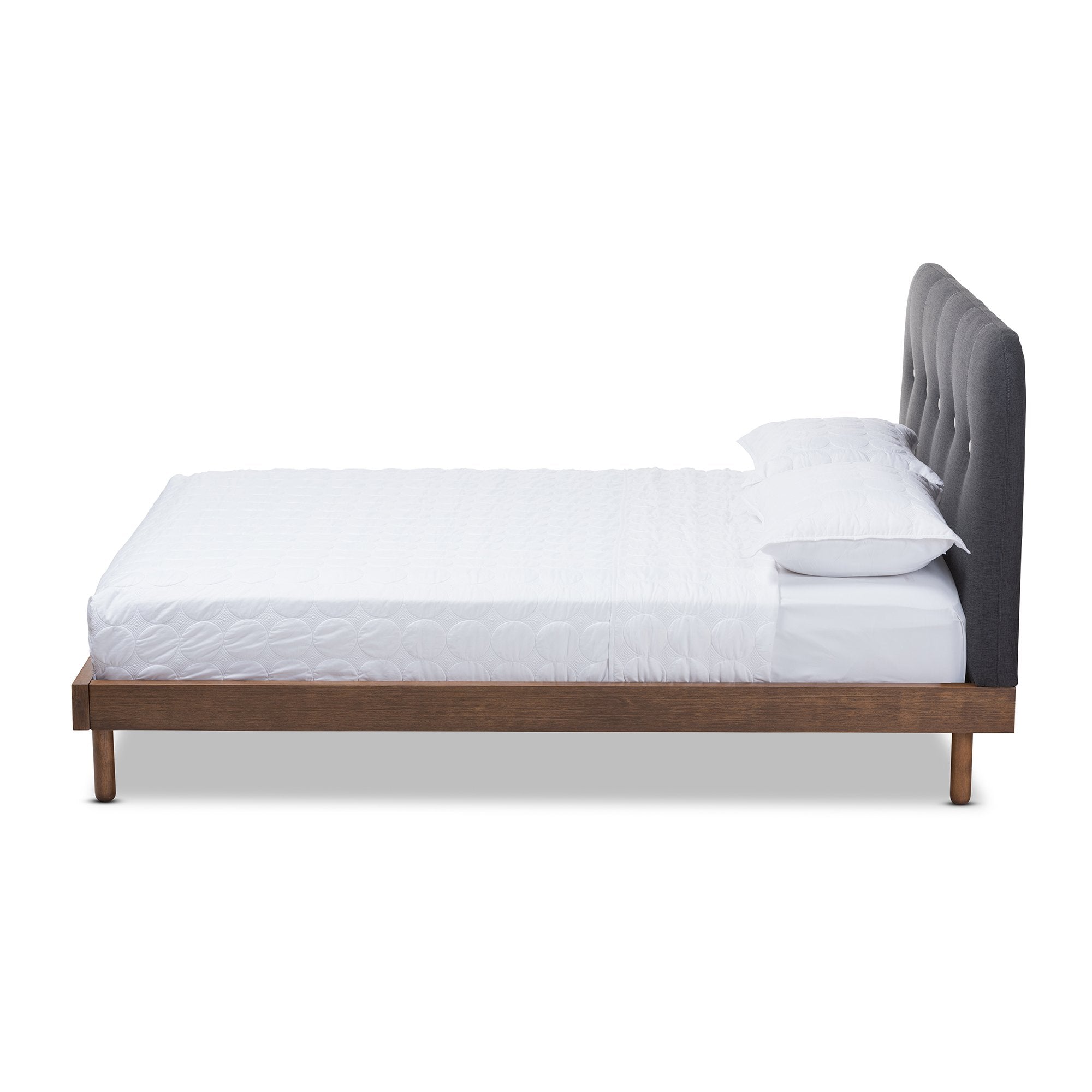 Baxton Studio Sadie Mid-Century Modern Dark Grey Fabric and Walnut Brown Finished Wood Queen Size Platform Bed