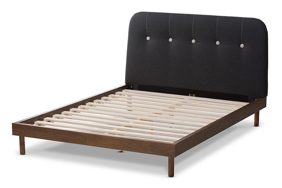 Baxton Studio Sadie Mid-Century Modern Dark Grey Fabric and Walnut Brown Finished Wood Full Size Platform Bed