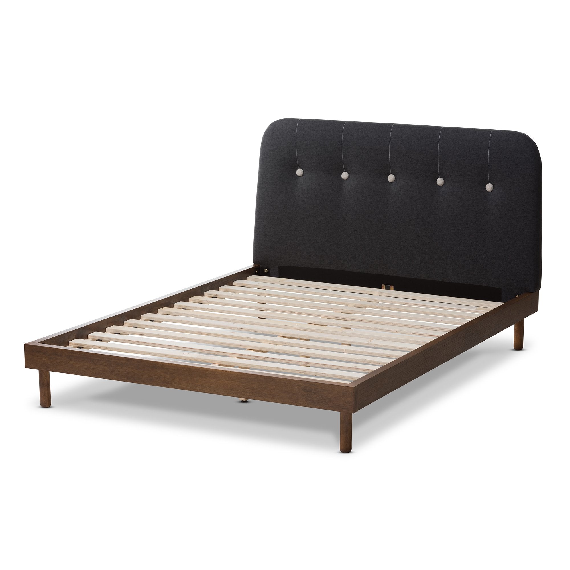 Baxton Studio Sadie Mid-Century Modern Dark Grey Fabric and Walnut Brown Finished Wood Queen Size Platform Bed