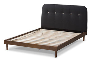 Baxton Studio Sadie Mid-Century Modern Dark Grey Fabric and Walnut Brown Finished Wood King Size Platform Bed