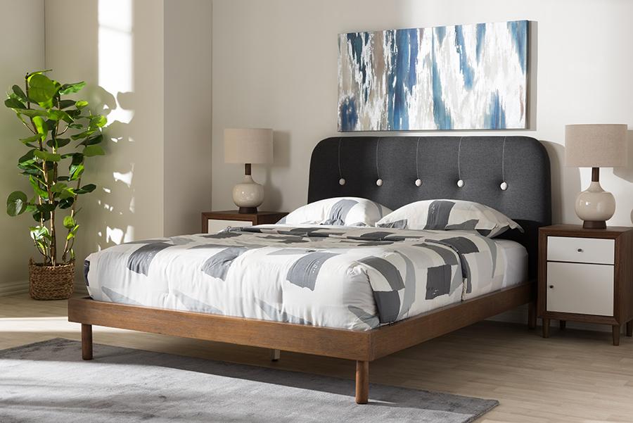 Baxton Studio Sadie Mid-Century Modern Dark Grey Fabric and Walnut Brown Finished Wood Full Size Platform Bed