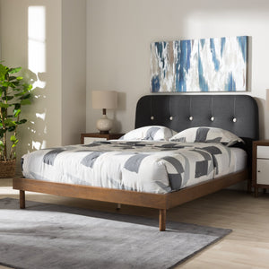 Baxton Studio Sadie Mid-Century Modern Dark Grey Fabric and Walnut Brown Finished Wood King Size Platform Bed