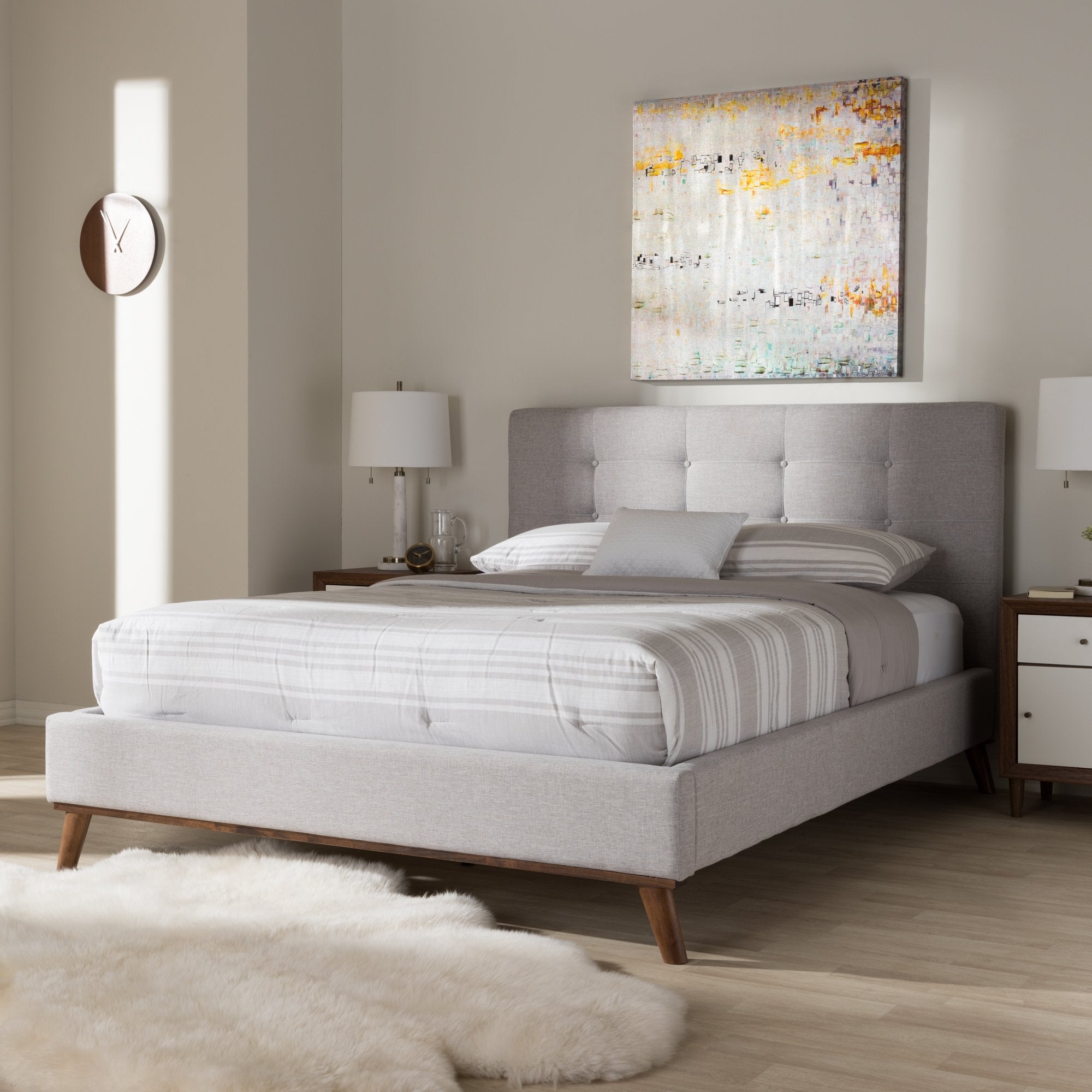 Baxton Studio Valencia Mid-Century Modern Greyish Beige Fabric Full Size Platform Bed