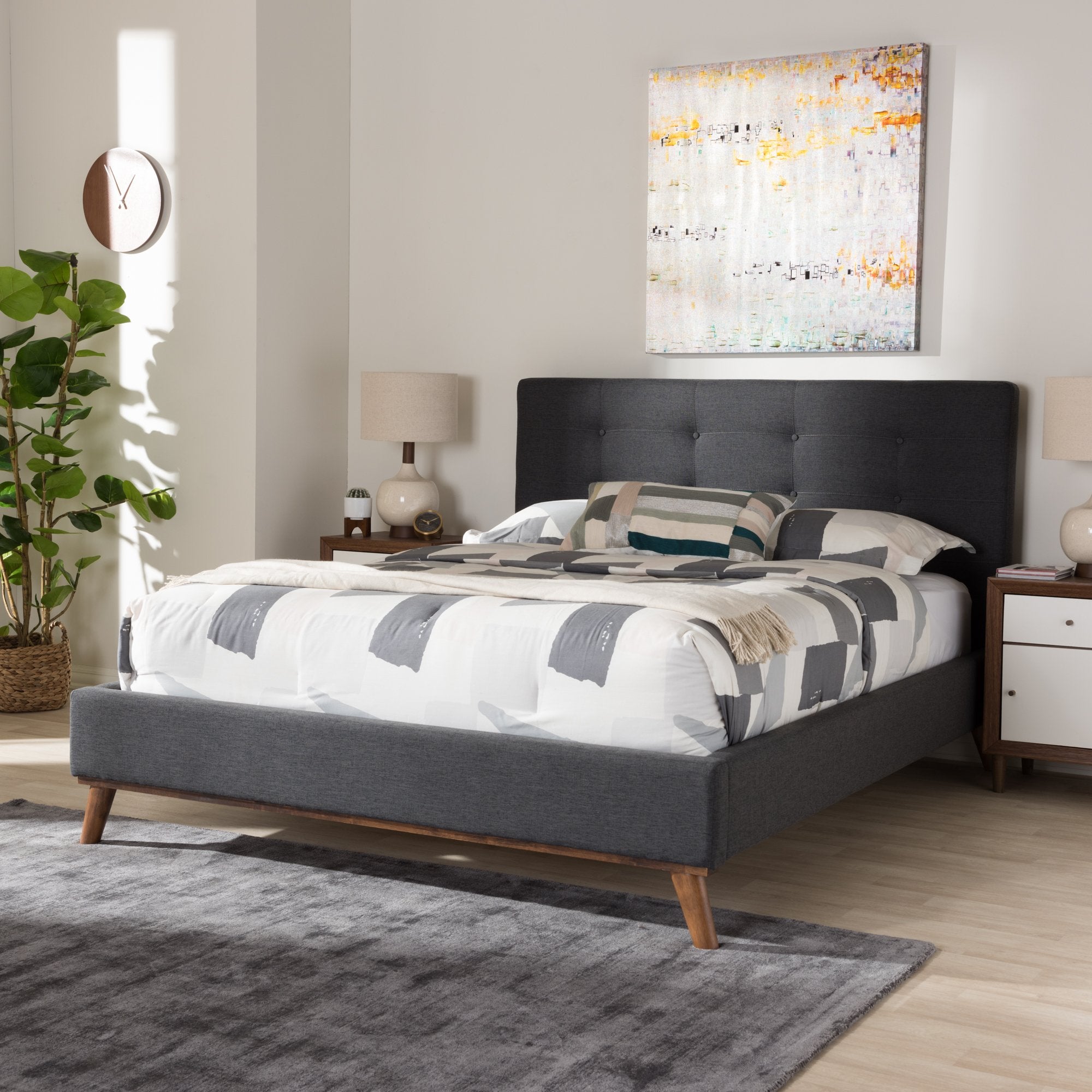 Baxton Studio Valencia Mid-Century Modern Dark Grey Fabric Full Size Platform Bed