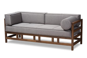 Baxton Studio Shaw Mid-Century Modern Grey Fabric Upholstered Walnut Wood 3-Seater Sofa