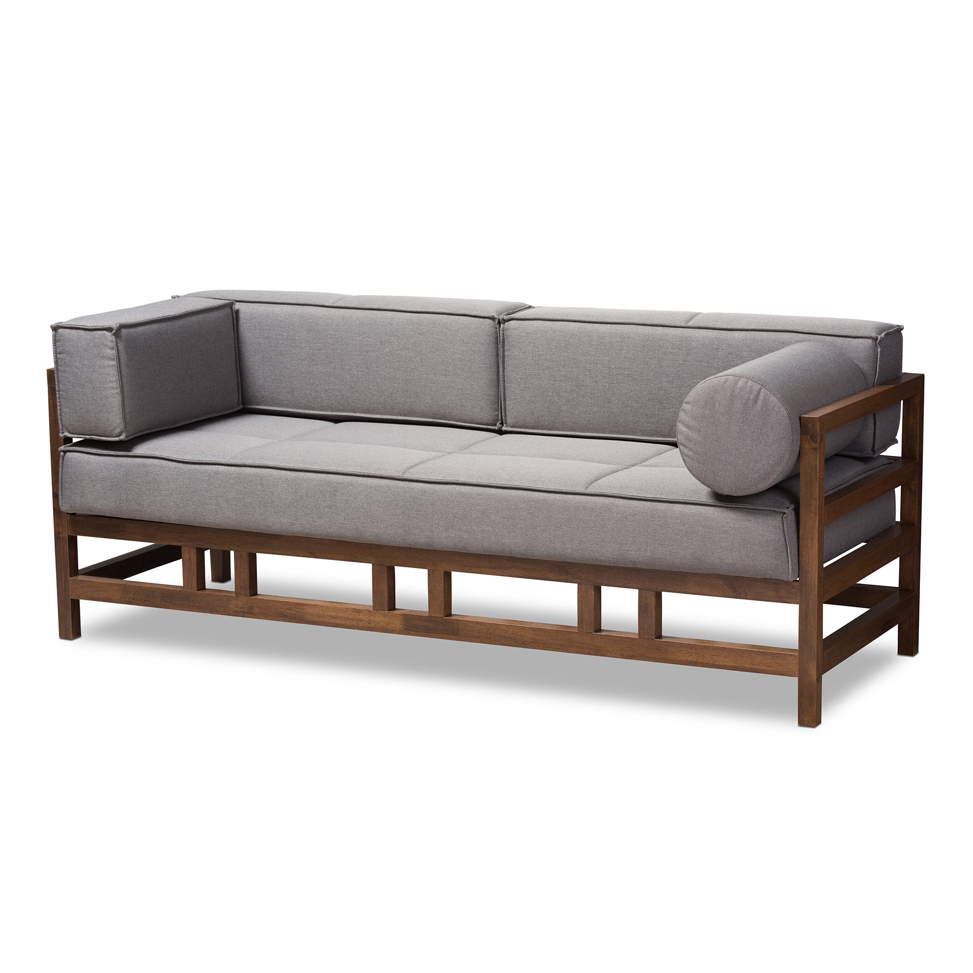 Baxton Studio Shaw Mid-Century Modern Grey Fabric Upholstered Walnut Wood 3-Seater Sofa