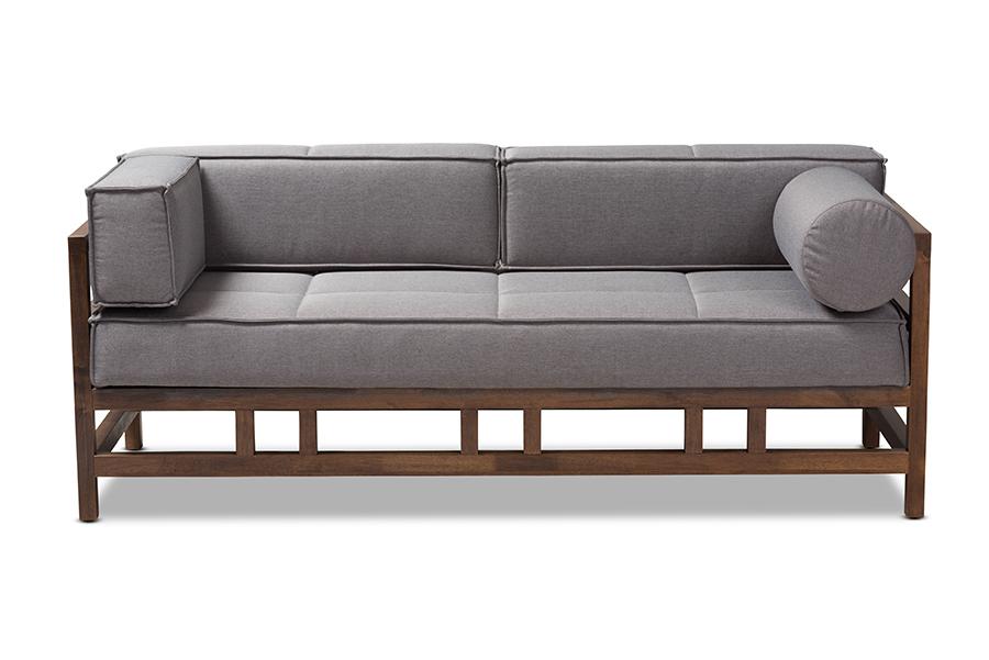 Baxton Studio Shaw Mid-Century Modern Grey Fabric Upholstered Walnut Wood 3-Seater Sofa