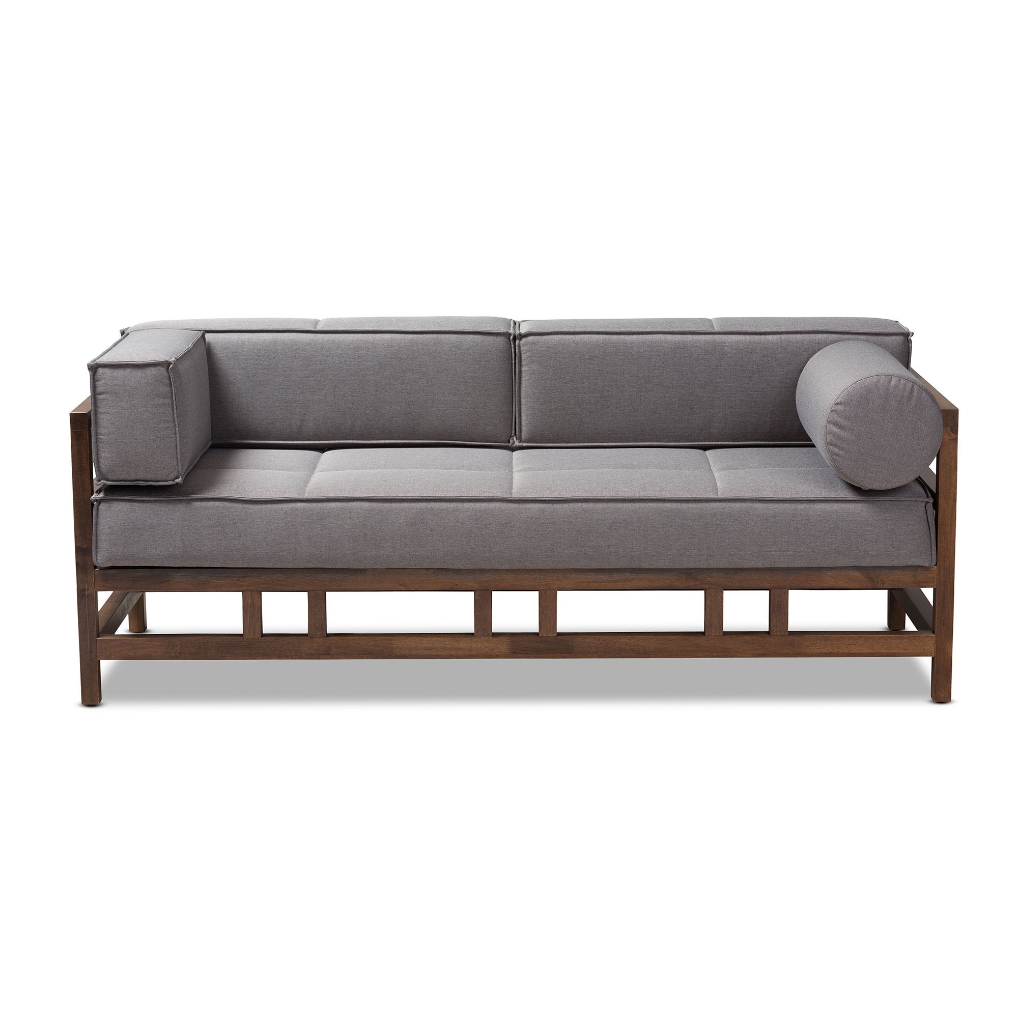 Baxton Studio Shaw Mid-Century Modern Grey Fabric Upholstered Walnut Wood 3-Seater Sofa