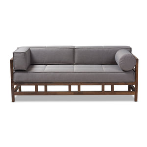 Baxton Studio Shaw Mid-Century Modern Grey Fabric Upholstered Walnut Wood 3-Seater Sofa