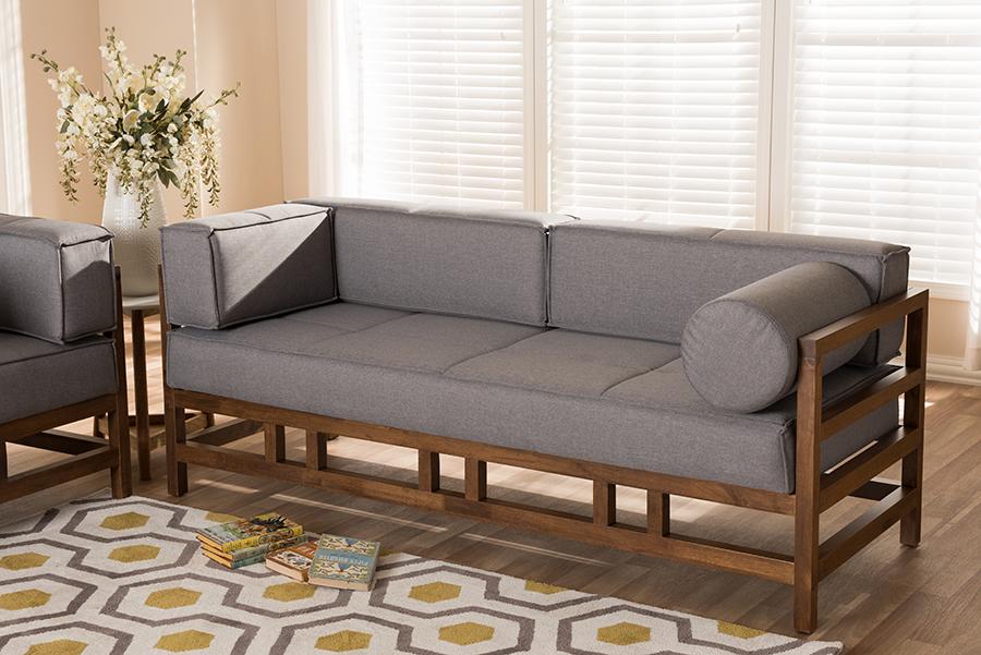 Baxton Studio Shaw Mid-Century Modern Grey Fabric Upholstered Walnut Wood 3-Seater Sofa