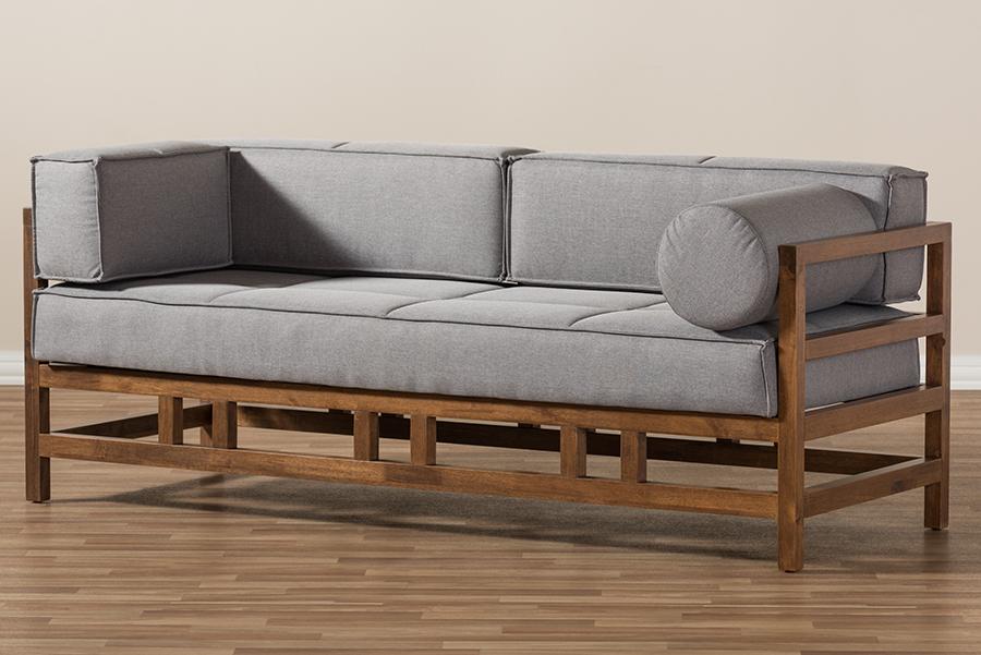 Baxton Studio Shaw Mid-Century Modern Grey Fabric Upholstered Walnut Wood 3-Seater Sofa