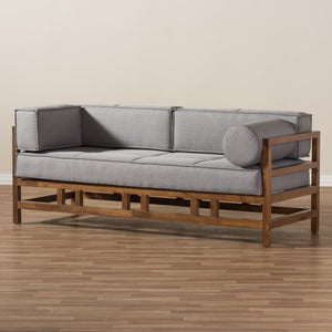 Baxton Studio Shaw Mid-Century Modern Grey Fabric Upholstered Walnut Wood 3-Seater Sofa