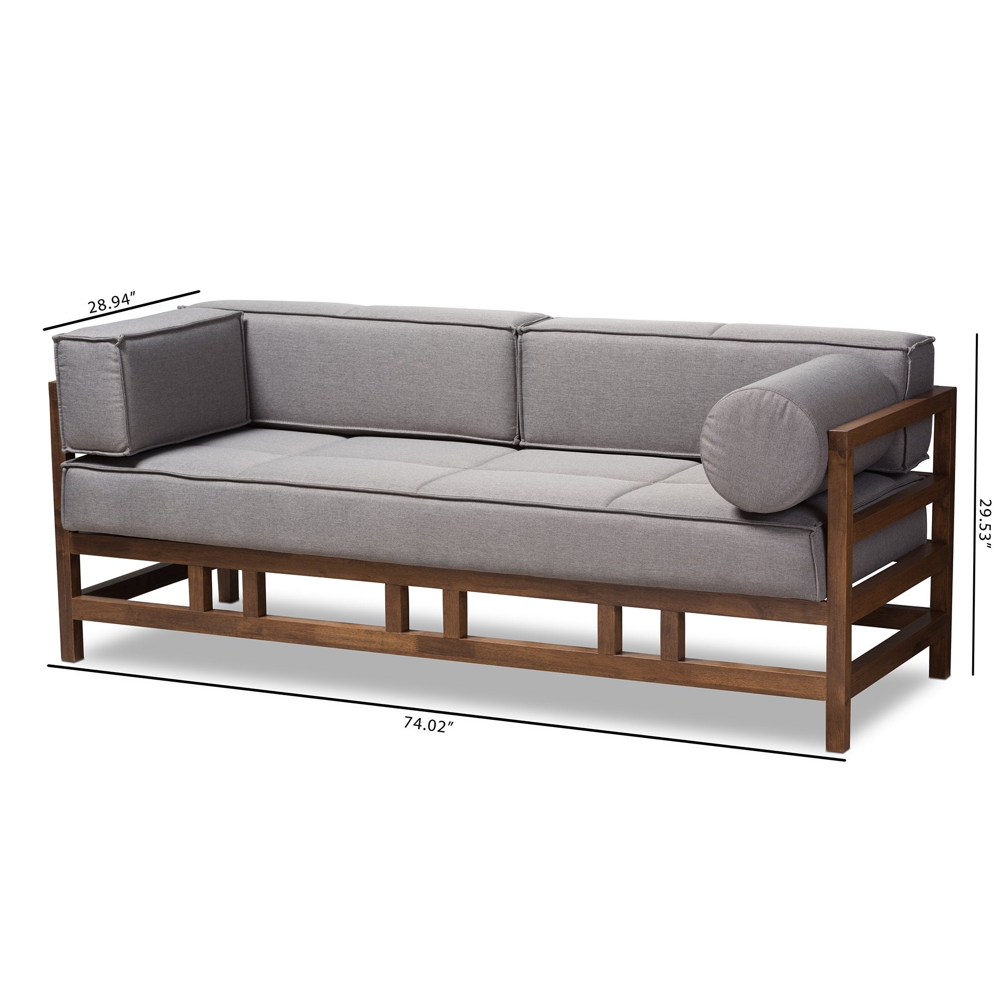 Baxton Studio Shaw Mid-Century Modern Grey Fabric Upholstered Walnut Wood 3-Seater Sofa