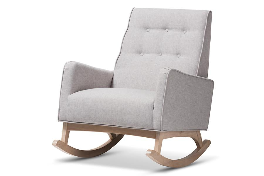 Baxton Studio Marlena Mid-Century Modern Greyish Beige Fabric Upholstered Whitewash Wood Rocking Chair