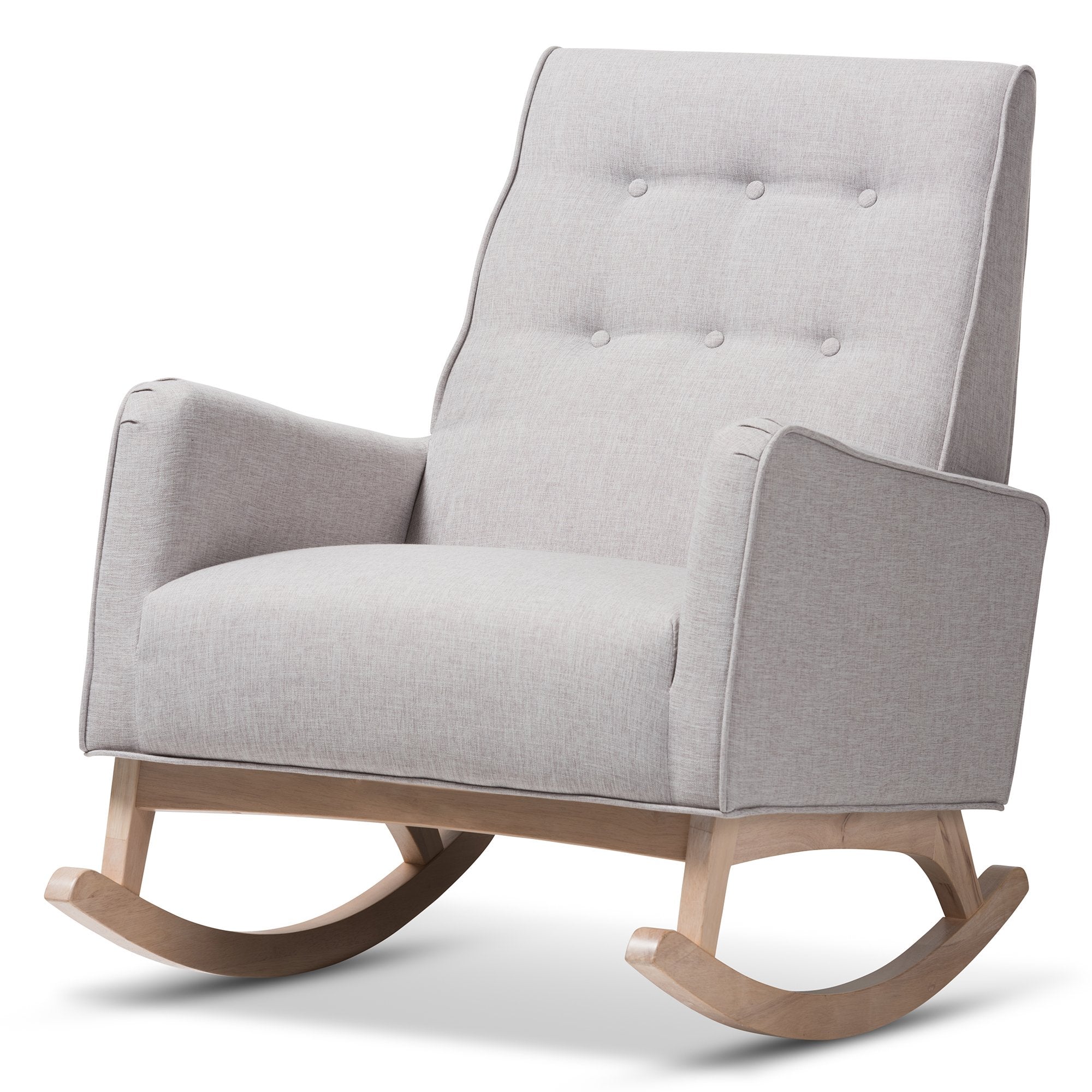 Baxton Studio Marlena Mid-Century Modern Greyish Beige Fabric Upholstered Whitewash Wood Rocking Chair