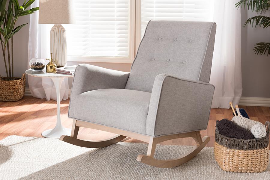 Baxton Studio Marlena Mid-Century Modern Greyish Beige Fabric Upholstered Whitewash Wood Rocking Chair