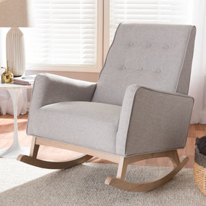 Baxton Studio Marlena Mid-Century Modern Greyish Beige Fabric Upholstered Whitewash Wood Rocking Chair