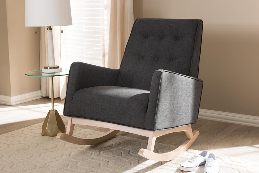 Baxton Studio Marlena Mid-Century Modern Dark Grey Fabric Upholstered Whitewash Wood Rocking Chair