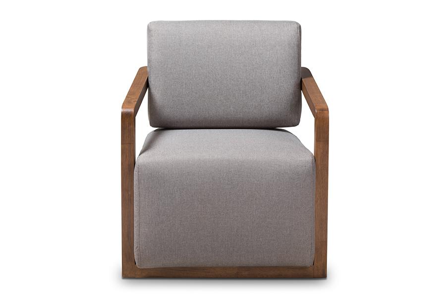 Baxton Studio Sawyer Mid-Century Modern Grey Fabric Upholstered Walnut Wood Armchair