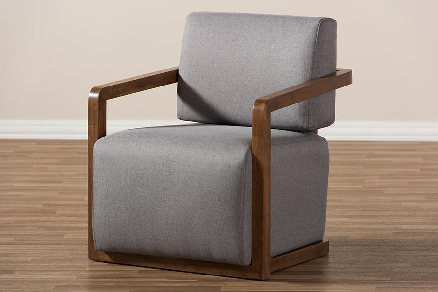 Baxton Studio Sawyer Mid-Century Modern Grey Fabric Upholstered Walnut Wood Armchair