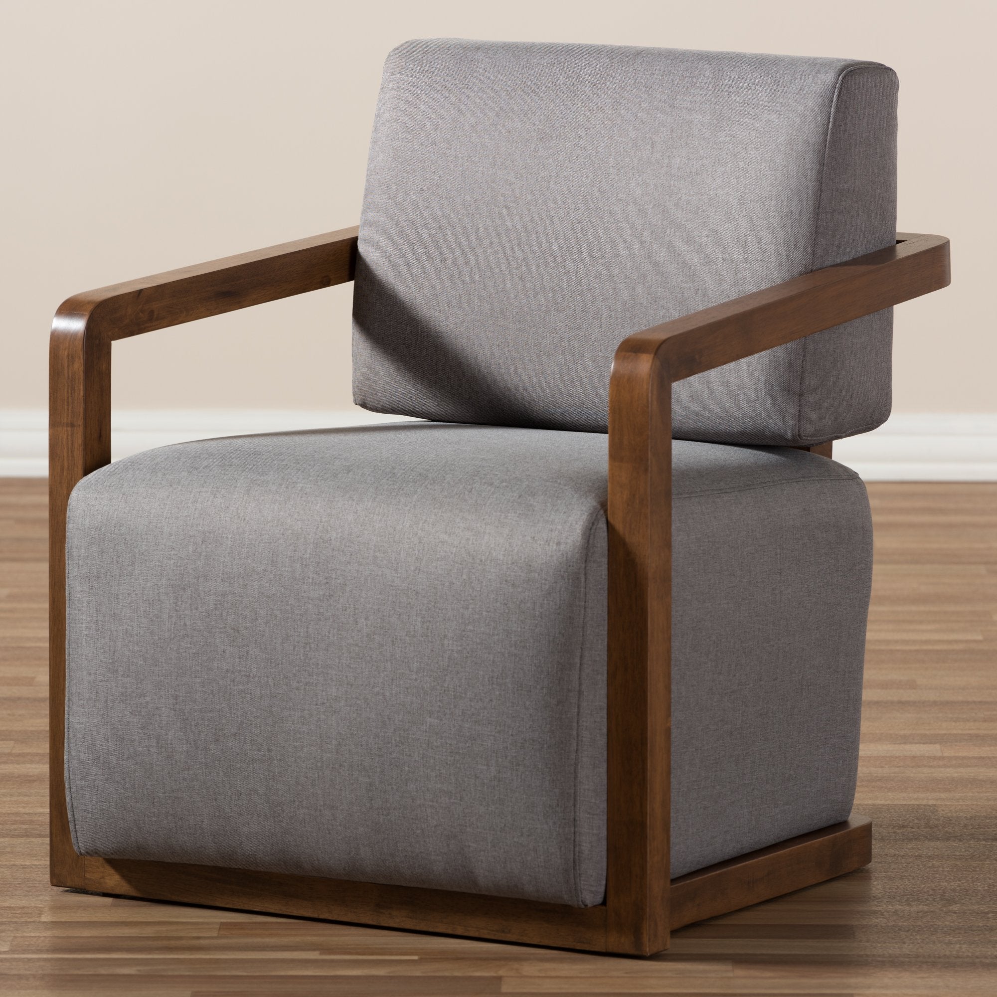 Baxton Studio Sawyer Mid-Century Modern Grey Fabric Upholstered Walnut Wood Armchair