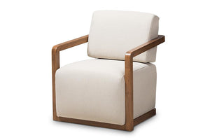 Baxton Studio Sawyer Mid-Century Modern Light Beige Fabric Upholstered Walnut Wood Armchair